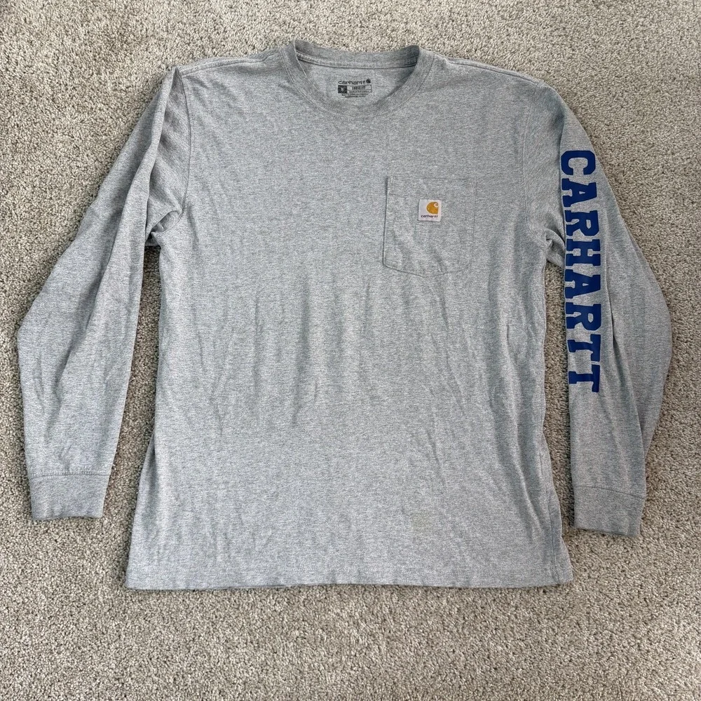 Carhartt Loose Fit Long Sleeve Shirt Mens Medium Gray Pocket Logo Tee T-Shirt